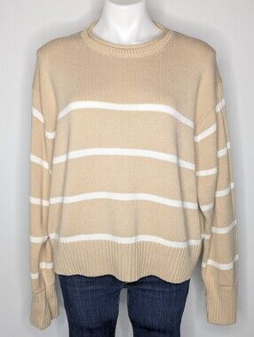 Brit NY Tan White Striped Long Sleeve Knit Cotton Sweater L